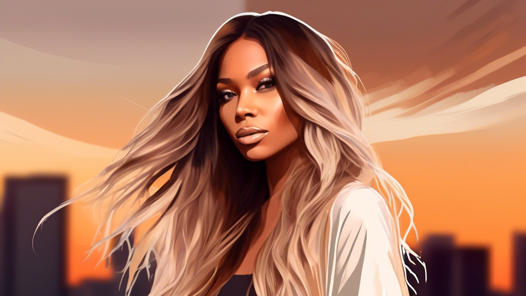 Create an artistic and vibrant digital illustration of a woman with long, flowing ombre hair. The hair transitions smoothly from rich chocolate brown at the roots to a striking and trendy platinum blo