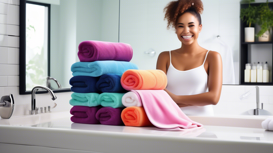 A high-quality image showcasing a selection of top microfiber hair towels in vibrant and soothing colors. The towels are displayed aesthetically on a clean, modern bathroom countertop with hints of qu