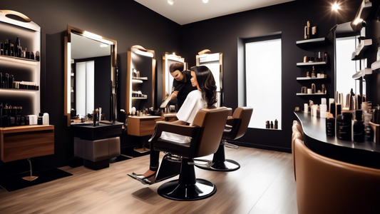 Create an image of a stylish hair salon interior with a professional hairdresser giving a client chic black and brown hair highlights. The client is seated comfortably in a modern salon chair, looking