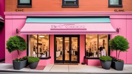 A vibrant street scene with a charming boutique cosmetology clinic featuring a stylish sign that says Best Cosmetology Clinic. The clinic has large windows displaying elegant beauty products and comfo