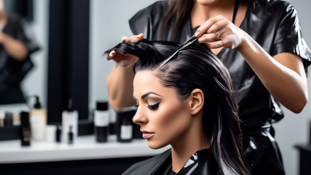 Create an image of a professional hairstylist in a modern salon, meticulously applying black hair foil to a client's hair to achieve flawless highlights. The scene should showcase various tools and pr