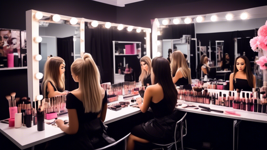 Create an image of a stylish beauty academy classroom filled with students attentively following a makeup tutorial. The room should be adorned with glamorous decor, mirrors with lights, and shelves st