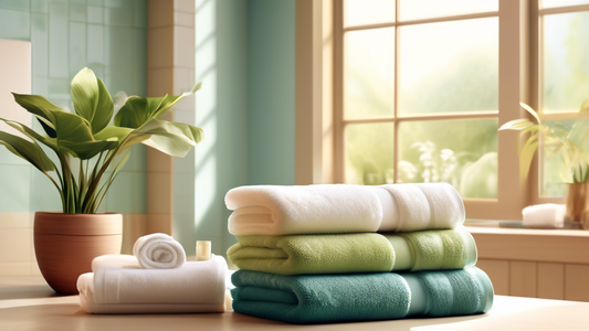 Create an image depicting a luxurious bathroom scene with a stack of bleach-free towels in various colors, with labels highlighting features like 'Eco-Friendly,' 'Gentle on Skin,' and 'Long-Lasting Vi