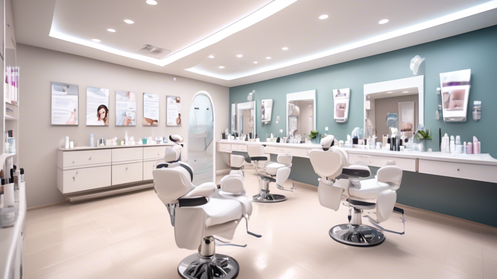 Create an image of a bright, modern classroom where estheticians are being trained. The room is equipped with advanced skincare tools and products, and students are practicing facials and other techni