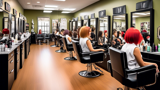 A bustling hair school salon filled with students styling clients' hair. The room is vibrant and energetic, with clients of various ages receiving haircuts and styling services. Students wear aprons a