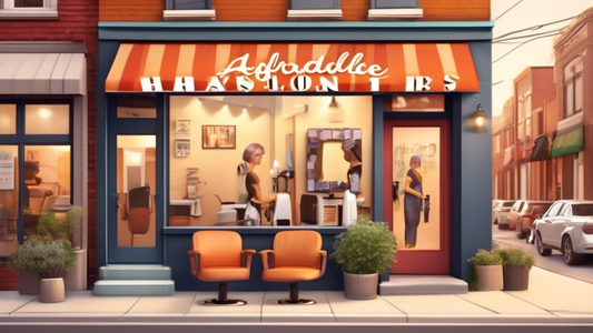 Create an image of a cozy, friendly neighborhood hair salon with a bright, welcoming storefront sign that reads Affordable Haircuts. Show happy customers inside getting haircuts from attentive, smilin