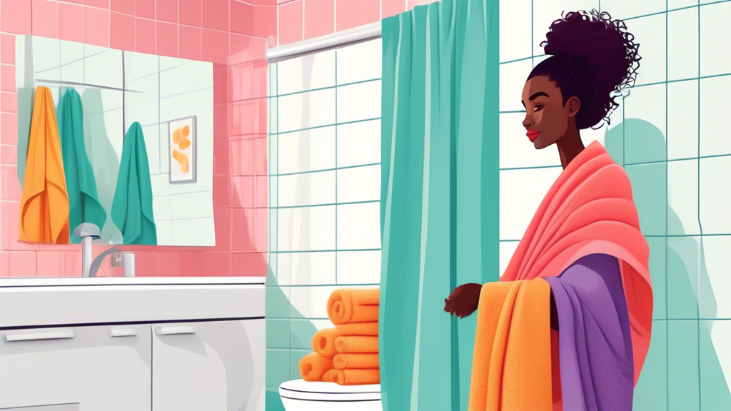 An aesthetically pleasing arrangement of soft, absorbent towels specifically designed for curly hair, displayed in a bright and cheerful bathroom setting. Include a variety of textures and colors, sho