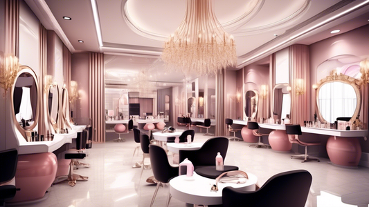 Create an image showing a sophisticated beauty academy with an elegant architectural design. The scene should include students attending classes, learning various beauty techniques such as makeup, hai