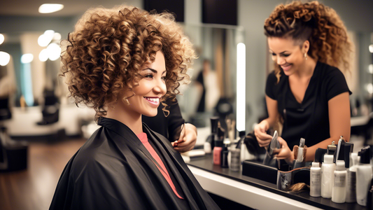 Create an image of a professional hairstylist in a modern, trendy salon, carefully cutting and styling the curly hair of a smiling client. The setting should be vibrant and welcoming, with various cur