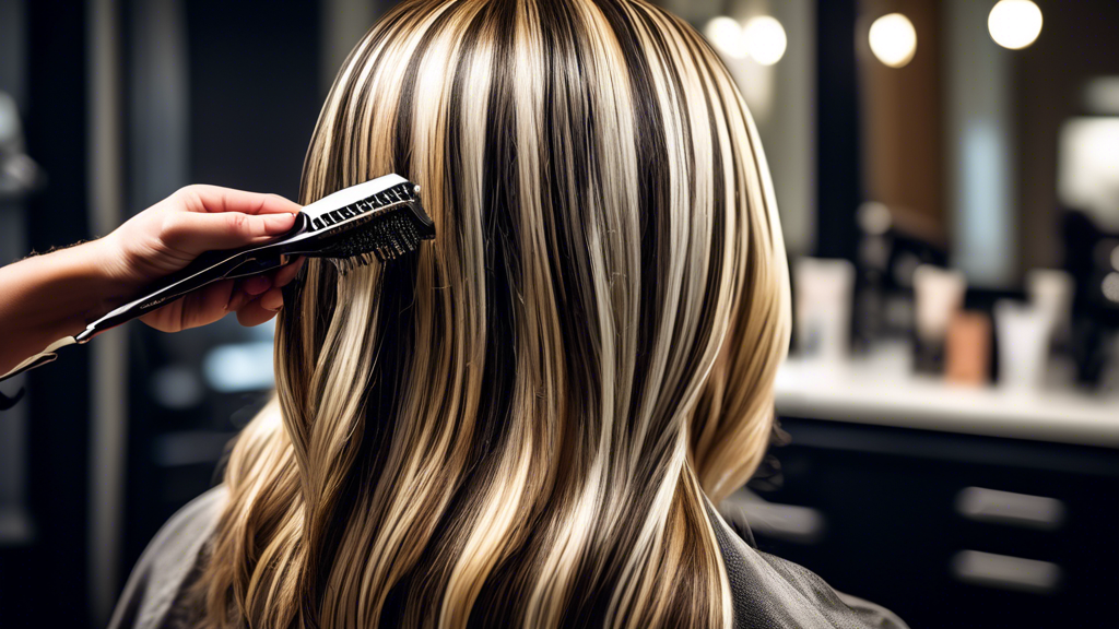 A detailed close-up image of a hairstylist applying blonde foil highlights to dark hair, showcasing the intricate technique and contrasting colors. The setting is a modern, stylish salon with professi