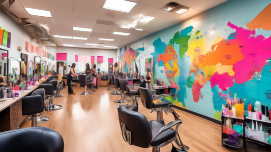 Create an image of a vibrant, modern classroom filled with hairstyling equipment like scissors, brushes, and mannequin heads. Students of diverse backgrounds are actively engaged in learning, some pra