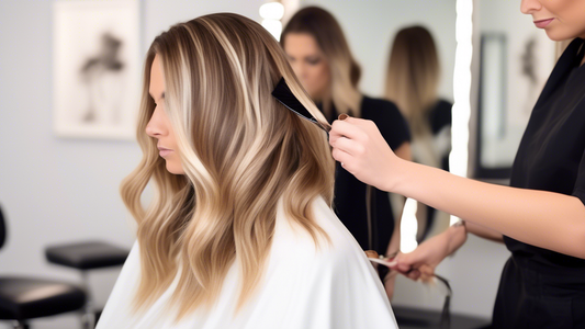 Create a high-definition image of a stylist performing a hair balayage treatment in a modern salon. The scene should show a client with shoulder-length hair, neatly sectioned and draped in a white cap