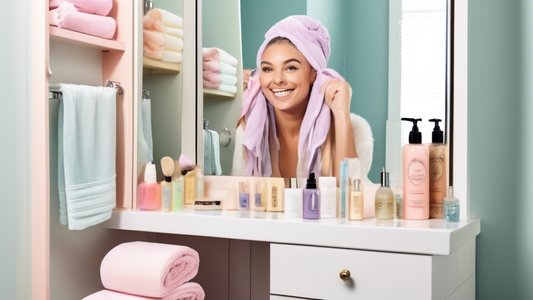 Create an image showcasing a bathroom vanity with chic, pastel-colored Kitsch hair towels neatly folded and hanging. Highlight their plush texture by placing one around a woman's wet hair, showing her