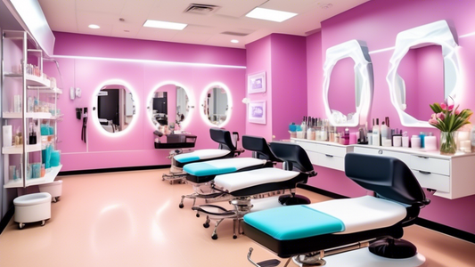 Create an image of a vibrant, modern classroom setting within a top esthetician school. The room should be filled with students engrossed in various beauty treatments such as facials, makeup applicati