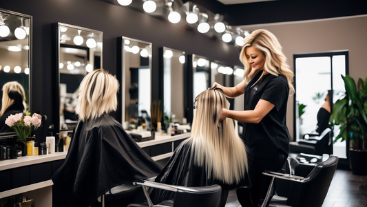 Create a vibrant salon scene where a hairstylist is applying blonde and dark foils to a client's hair. The client, sitting comfortably in a modern salon chair, has a partially foiled head with a mix o