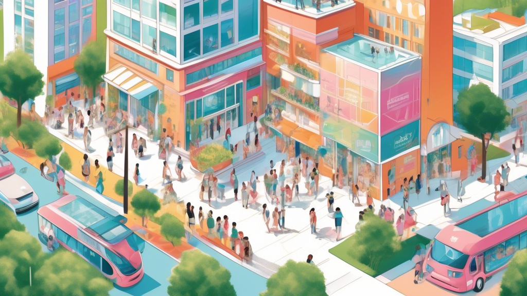 A detailed illustration of a vibrant, modern-looking city with various facial schools marked on a map. The schools have welcoming entrances with signs like Top Facial Academy and Premier Skin Care Ins