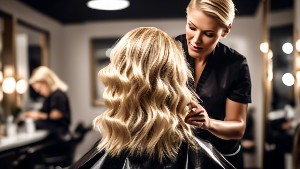 Create a vibrant, high-resolution image of a professional hair stylist meticulously applying blonde foils to a client's hair in an upscale salon. Capture the stylist's focused expression, the client's