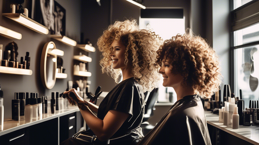 Create an image of a stylish and modern hair salon interior with natural light streaming in through large windows. A hairdresser with curly hair is shown carefully styling a client's curly hair using 