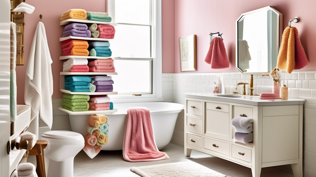 A vibrant bathroom scene showcasing a variety of plush, absorbent towels specifically designed for wrapping curly hair. Include different textures, colors, and sizes of towels displayed neatly on shel