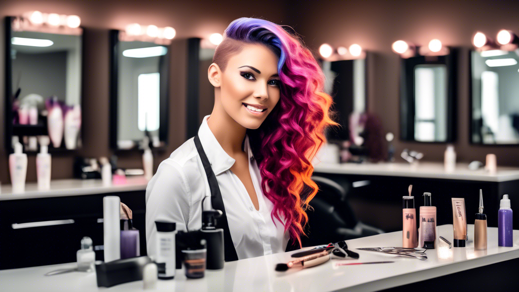 Create a vibrant and engaging image of a young professional in a modern salon setting. Show the individual confidently styling a client's hair, displaying various cosmetology tools like scissors, brus