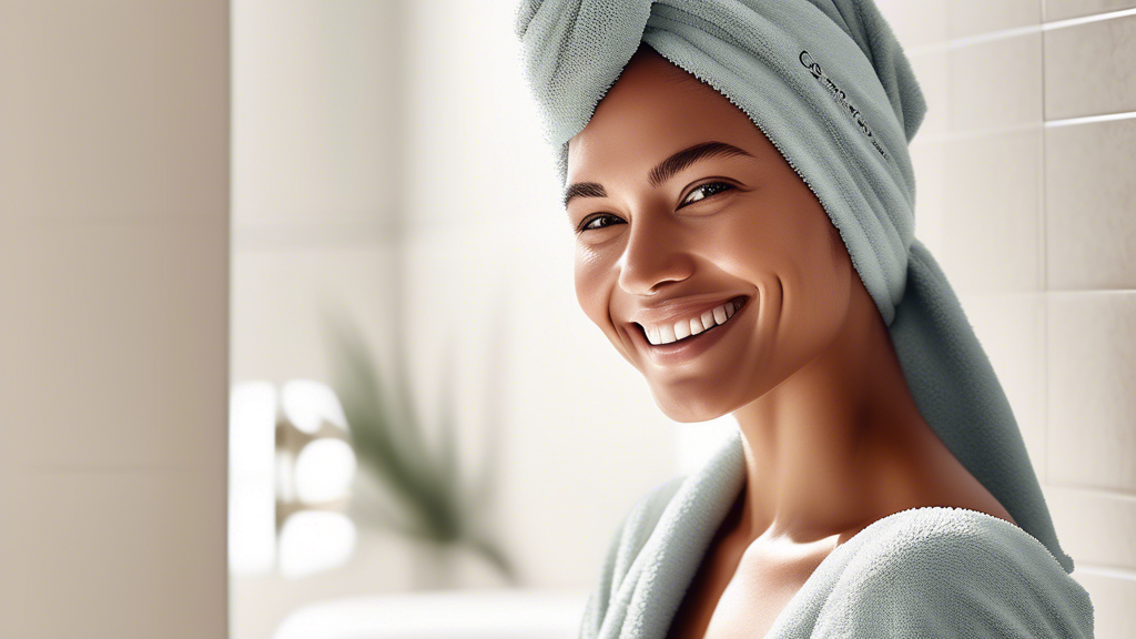 Create an image depicting a person with wet hair, smiling and wrapping a stylish, quick-dry hair towel around their head. The setting should be a modern, cozy bathroom with soft lighting. Highlight th