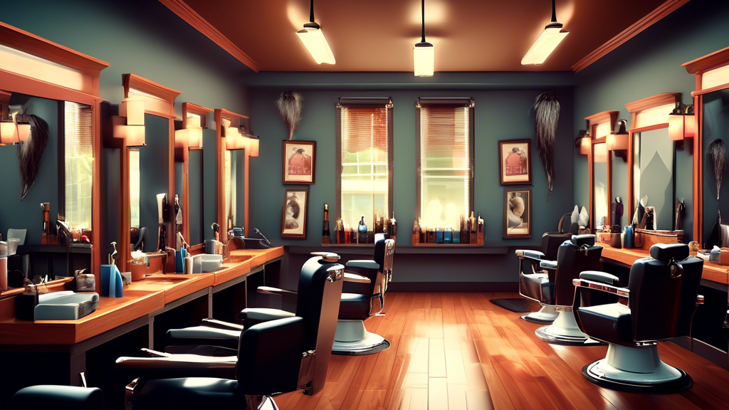 Create an image of a sleek and modern barbershop interior, with stylish male clients receiving haircuts and grooming services from skilled hairdressers. Include details such as professional barber too