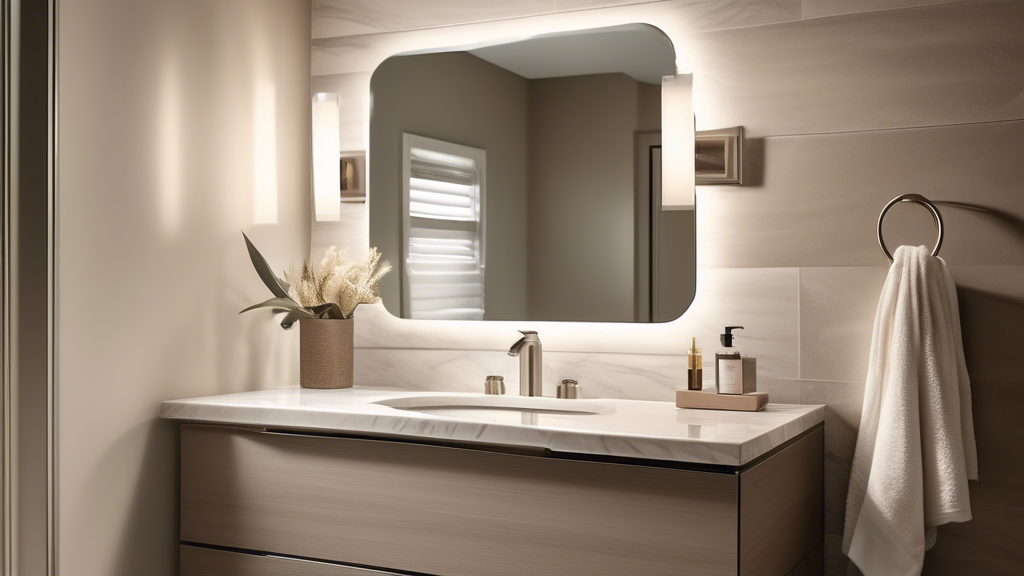 A high-resolution image of a modern bathroom decorated in neutral tones showcasing a wall-mounted Delta towel ring made of brushed nickel. The towel ring holds a plush white towel, complementing the s