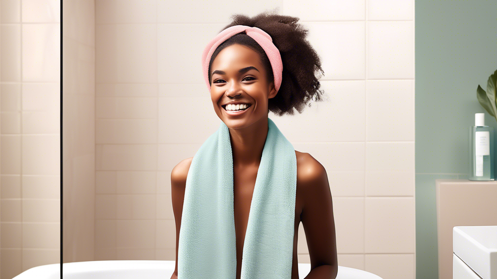 Create an image of a woman smiling in a cozy bathroom, effortlessly drying her hair with the Aquis Flip Hair Towel. The towel should be stylish and easily wrapped around her wet hair, showcasing its c