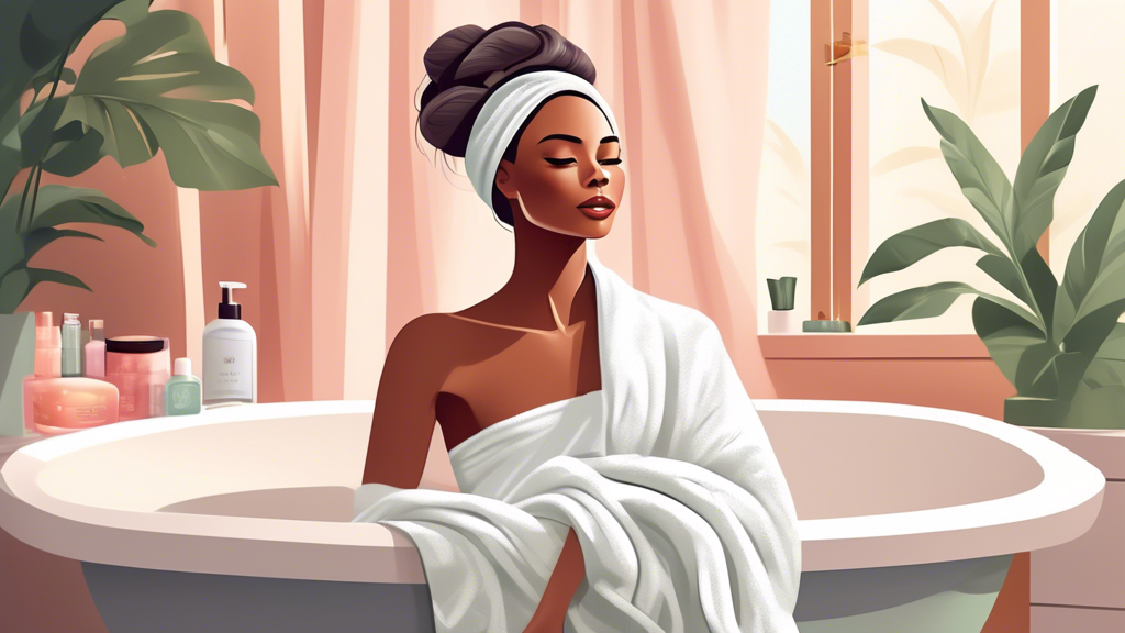 Create an image of a luxurious bathroom setting featuring a person with healthy, shiny hair wrapping it with a Crown Affair hair towel. Emphasize the thick, soft texture of the towel and showcase a se