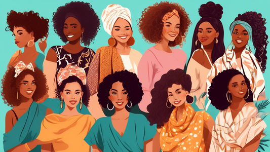 Create an image of a diverse group of women with curly hair showcasing various stylish hair wraps. The wraps should feature different patterns, colors, and fabric types. The background could include s