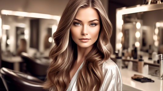 A stylish young woman showcasing her brown hair with ash foils under natural light. The foils add a trendy, multi-dimensional effect to her hair. She's in a modern, chic salon setting, with soft, neut