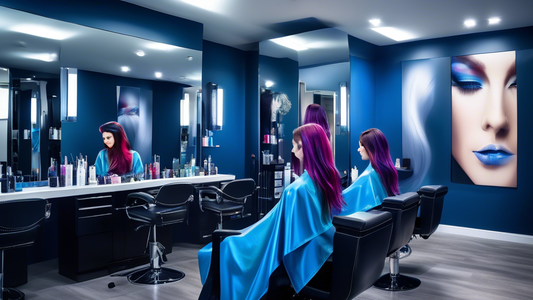 A vibrant and contemporary hair salon scene where a hairdresser is meticulously placing blue foils in a client's hair. The client’s hair shows a blend of natural and blue hues, reflecting different st