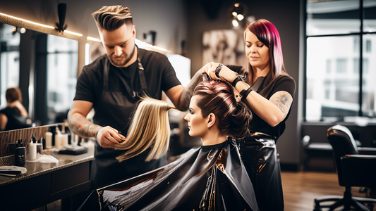 A high-definition image of a professional hairstylist in a modern salon, skillfully applying hair foils to a client's hair with precision. The scene is well-lit, showing various stages of the hair foi