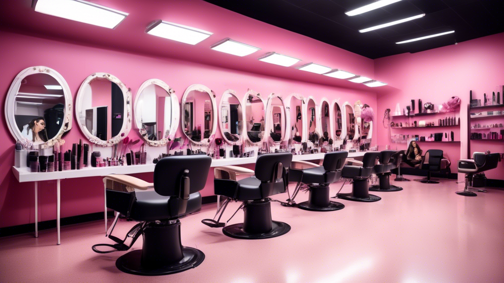 Create an image of a stylish, modern beauty academy classroom filled with students learning various cosmetology techniques. Show a diverse group of students practicing hairstyling, makeup application,