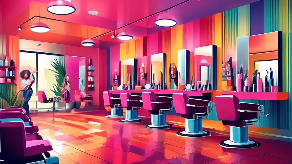 Create a vibrant and dynamic image showcasing a modern hair salon with various sections featuring hairstylists working on clients. Highlight trendy hairstyles, cutting-edge hair coloring techniques, a