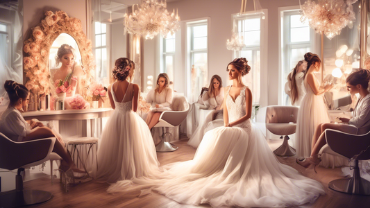 A beautiful bride sitting in front of a mirror, surrounded by wedding hairstylists working on intricate and elegant hairstyles. The background features a luxurious bridal suite with soft, romantic lig