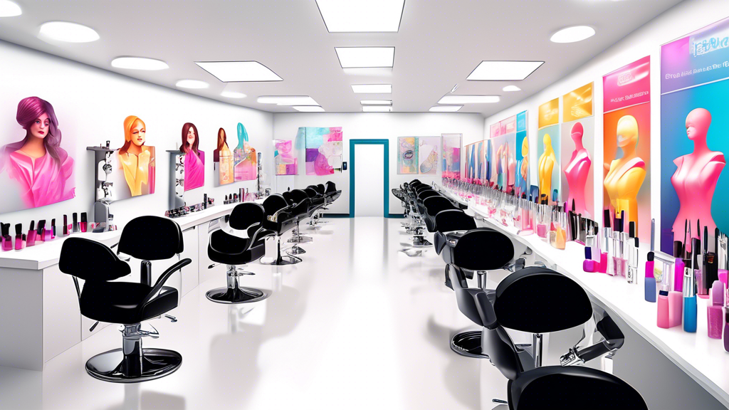 An inviting, modern beauty school classroom filled with students practicing cosmetology techniques on mannequins, with banners displaying 'Accredited Cosmetology School' and a map pinpointing various 