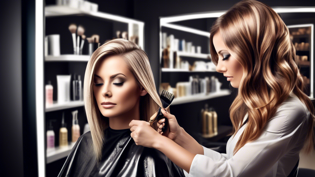 Create a high-quality image of a modern, stylish hair salon with a close-up of a colorist expertly applying foils to a client's hair for highlights. The foils should be shiny and well-placed, showcasi