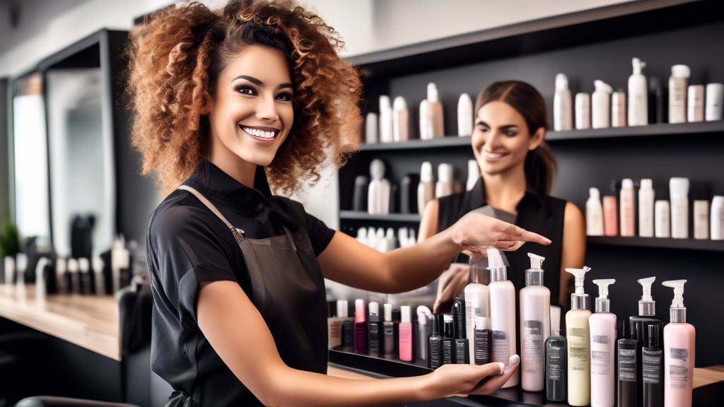 Create an image of a stylish, modern hair salon with a professional hairdresser holding different shampoo bottles, each labeled with various hair types (e.g., dry, oily, curly, color-treated). The hai