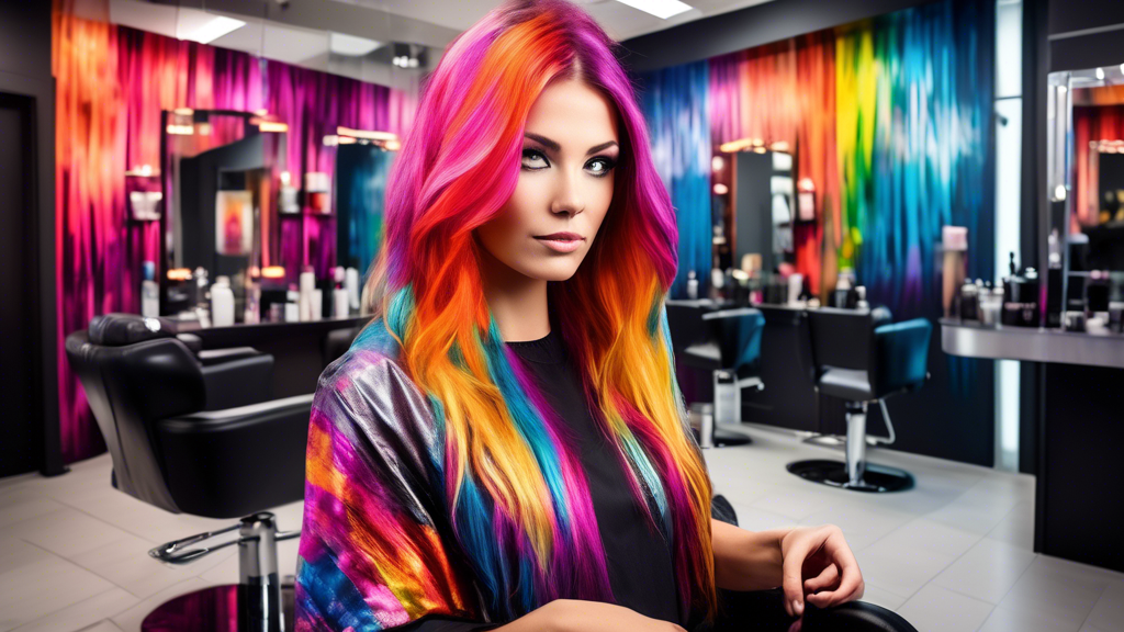 Create a vibrant and dynamic image of a modern hair salon. In the foreground, showcase a hairstylist applying bright, colorful hair dyes to a client’s hair using Framar hair foils. Display the foils w