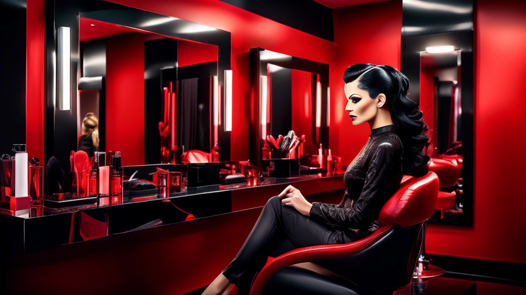 Create a high-definition image of a stylish woman with sleek black hair interwoven with vibrant red foils. The scene is set in a chic, modern salon filled with contemporary décor. Focus on the artistr