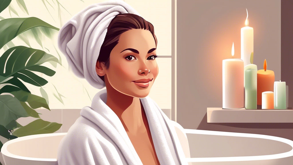 Create an image showing a person with healthy, shiny hair using a soft, luxurious hair towel wrap. The background should depict a serene and cozy bathroom setting, with soft lighting and pampering acc