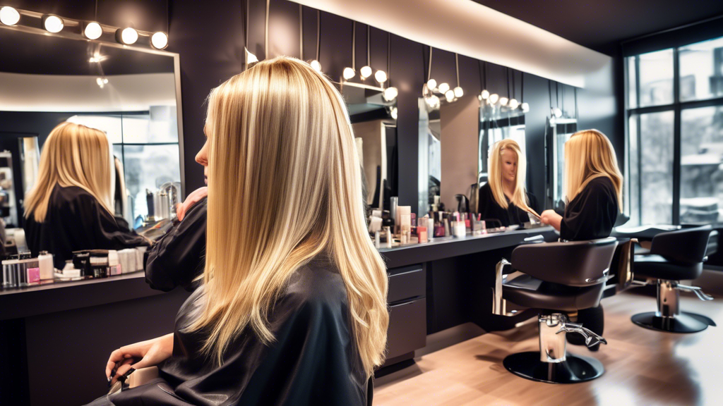 A professional hairstylist meticulously applying blond hair foils in a chic, modern salon, capturing the vibrant, radiant highlights as light reflects beautifully off the client's newly foiled hair. T