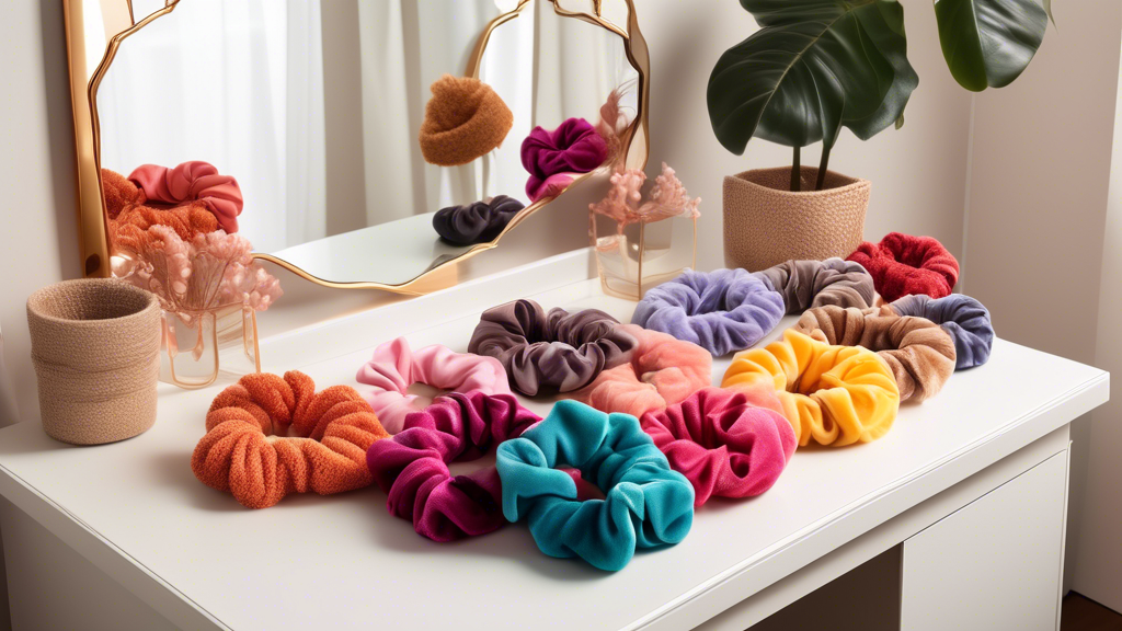 Create an image of a vibrant and colorful collection of microfiber scrunchies in various textures and patterns, arranged neatly on a stylish vanity table with a mirror in the background. Include a coz