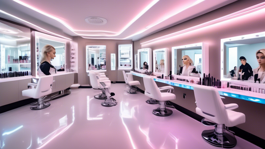 A futuristic classroom filled with sophisticated beauty equipment and high-tech learning tools, where elite cosmetologists dressed in sleek, modern uniforms are attentively engaged in a masterclass by