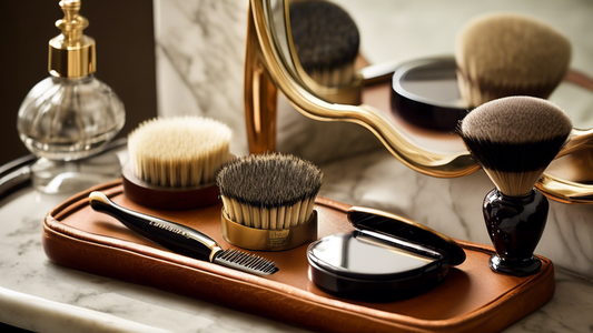 Create an image of a Mason Pearson Pocket Bristle Brush placed elegantly on a vanity table. Surround the brush with other stylish grooming essentials like a vintage hand mirror, a bottle of perfume, a