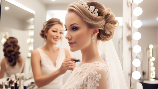 Create an elegant and bright scene inside a chic bridal salon, showcasing a bride-to-be with radiant joy, surrounded by various hairstyling tools. The talented hairstylist is skillfully arranging the 