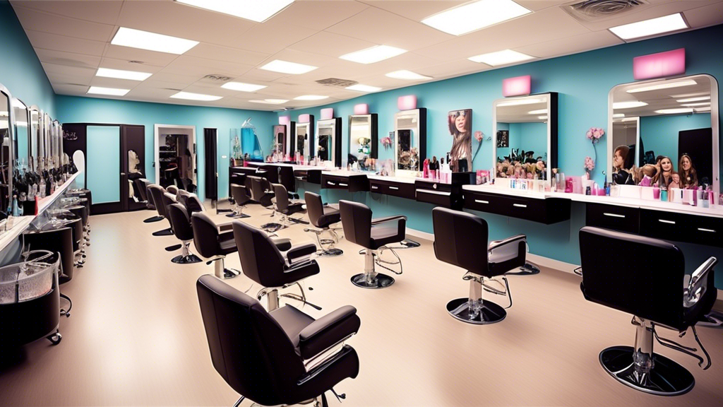 Create a vibrant and engaging image of a modern cosmetology classroom, filled with students practicing various beauty techniques such as hairstyling, makeup application, and nail art. The classroom sh