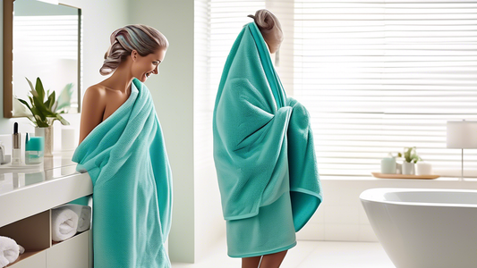 Create an image of a person happily wrapping their hair with a stylish, plush Rapid Dry Hair Towel made from ultra-absorbent material. The background should show a modern bathroom setting with bright,