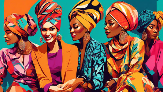 Create an image depicting a diverse group of women wearing stylish hair turbans in vibrant colors and patterns. Each woman is showcasing a different design and way to wear the turban, highlighting the